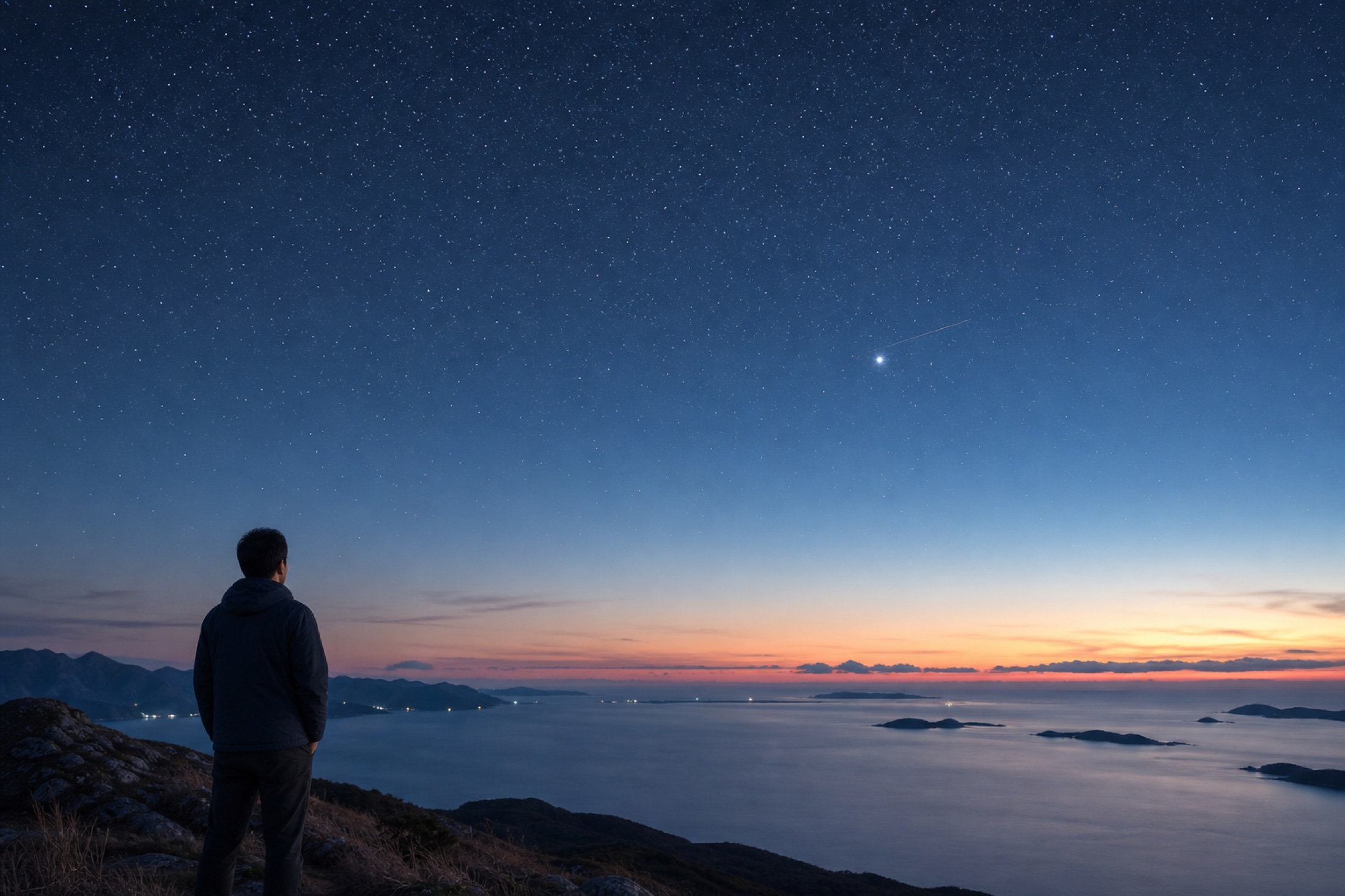 一个人站在海边高处望向星空与黎明
